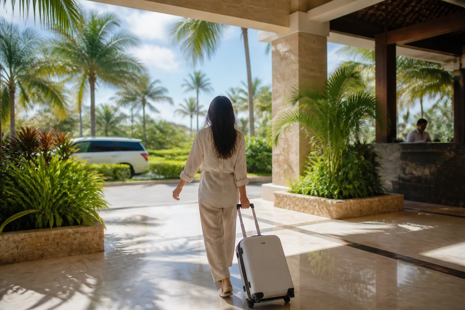 Solo guest arriving at a Punta Cana resort with luggage