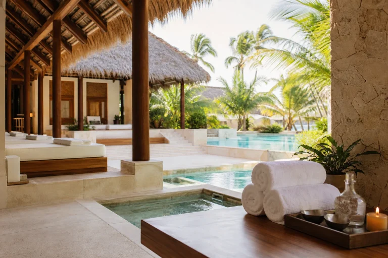 Tropical resort spa relaxation area beside a pool in Punta Cana