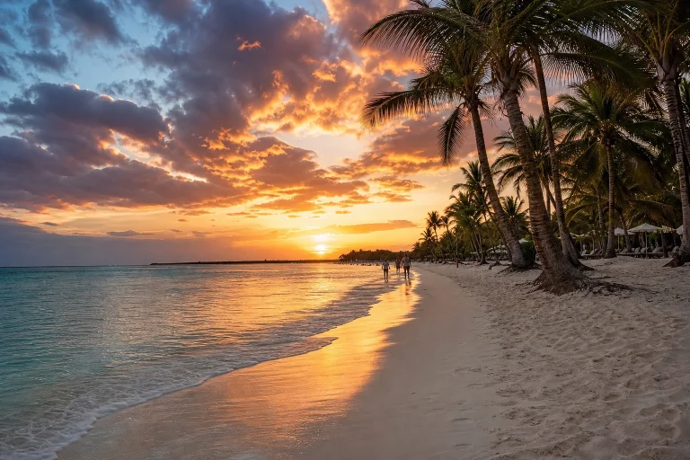Sunset light over a palm-lined beach in Punta Cana