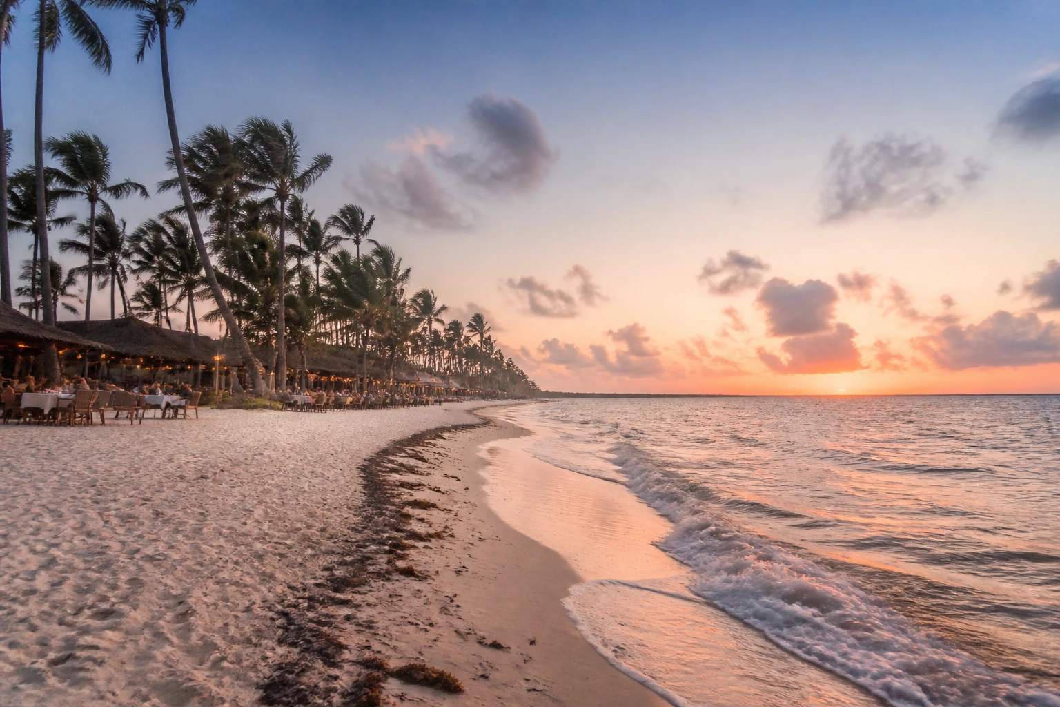 White sand and palms near twilight at a Punta Cana beach