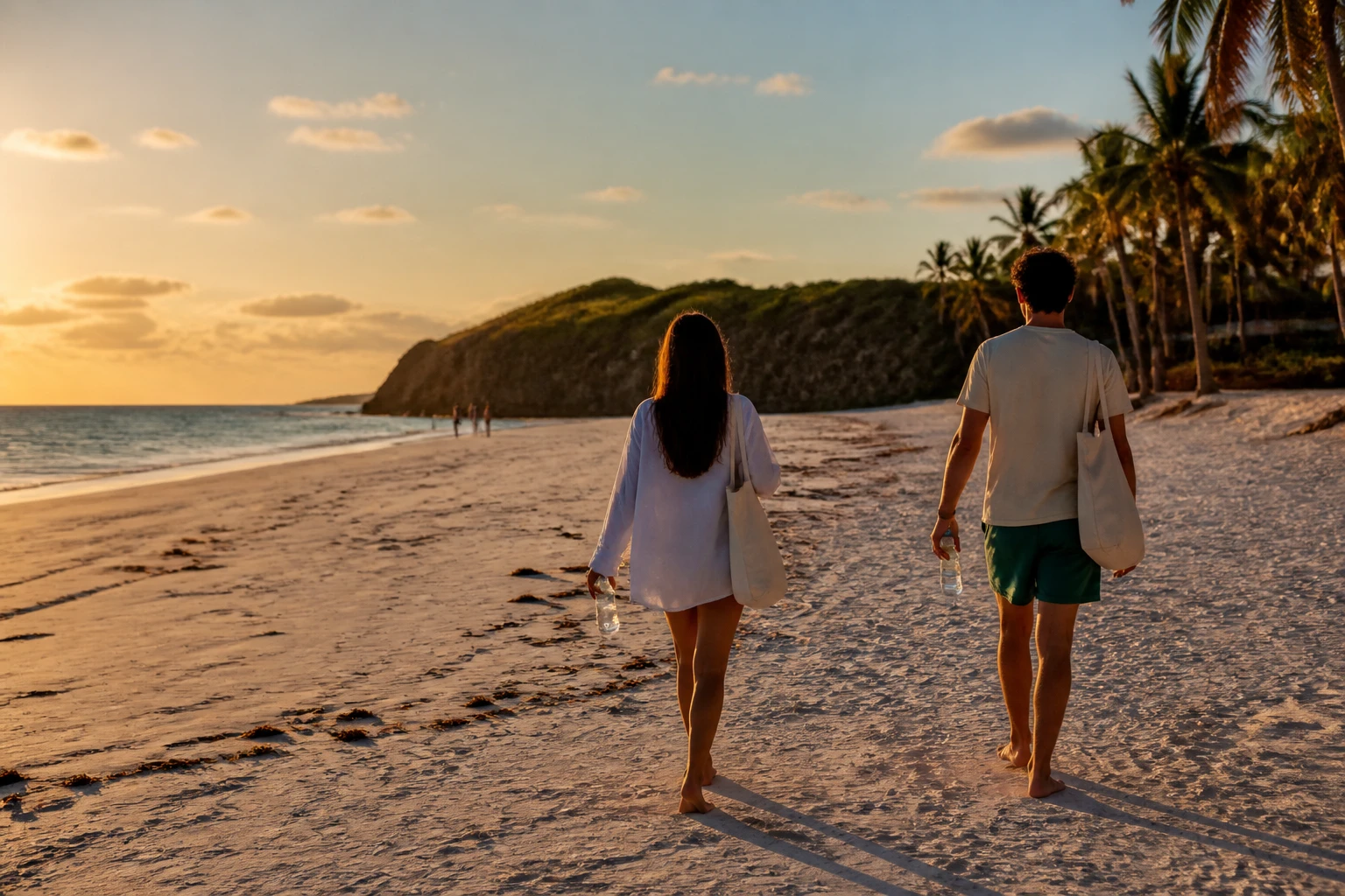Travelers arriving at a Punta Cana beach before sunset