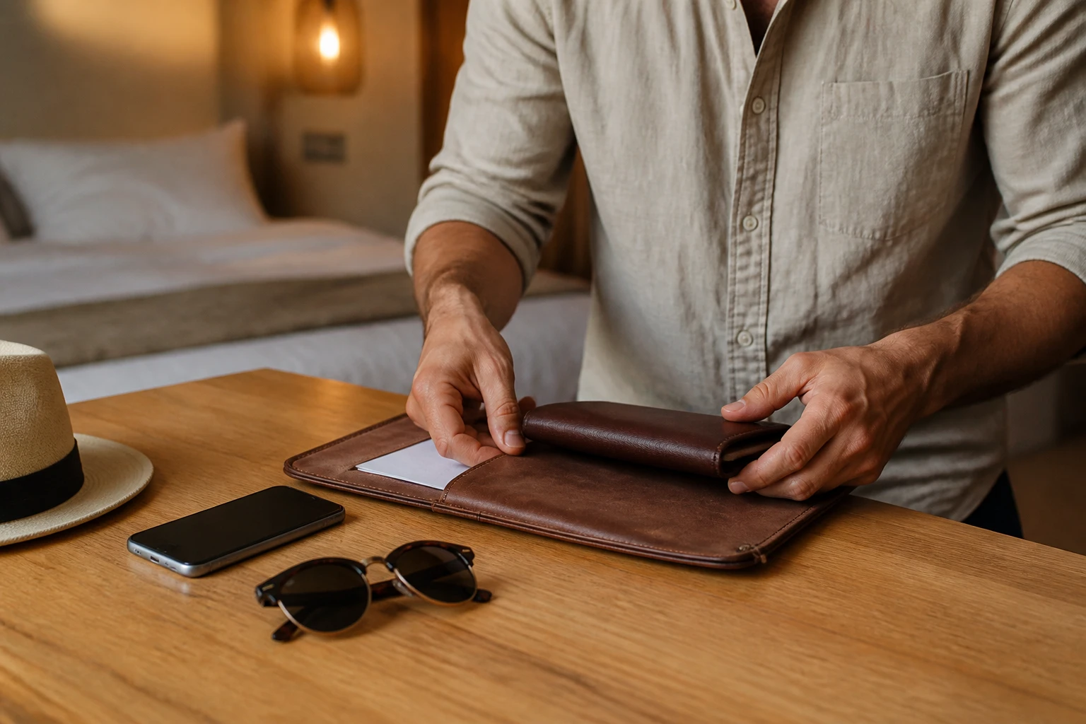 Traveler organizing documents before an international trip