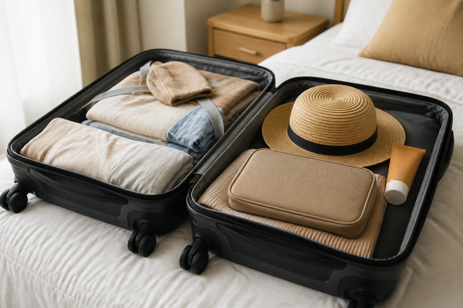 Packed carry-on luggage for a warm-weather trip