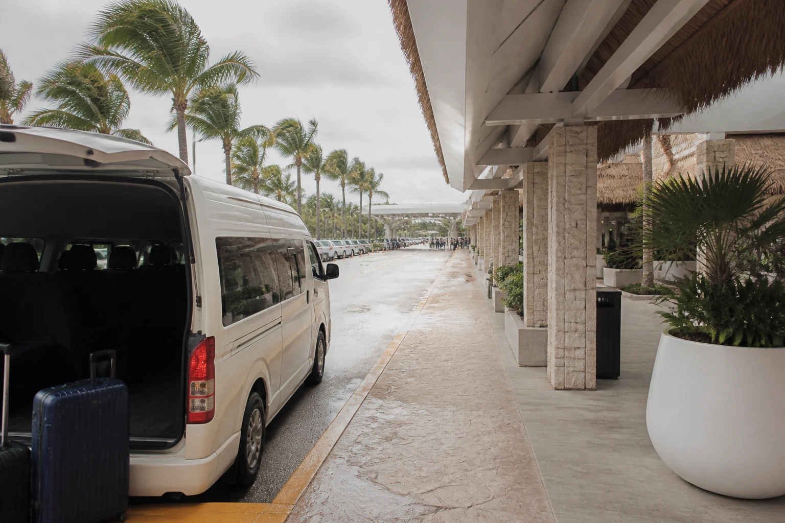 Unbranded airport transfer vehicle and luggage near a palm-lined pickup area