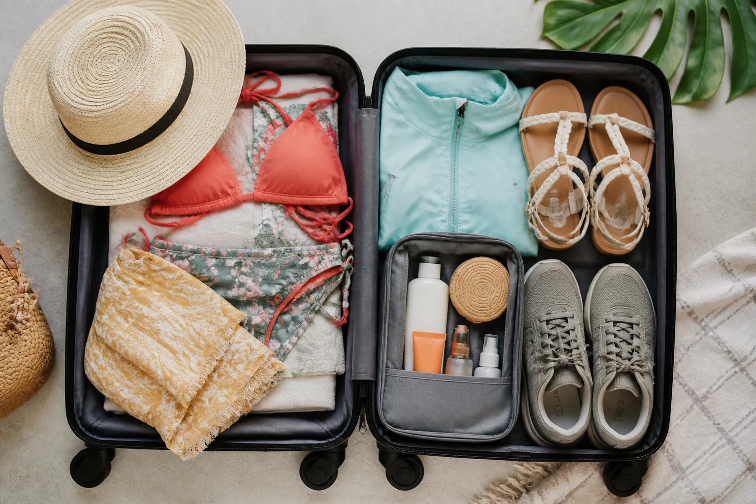 Suitcase packed for a Punta Cana winter beach vacation