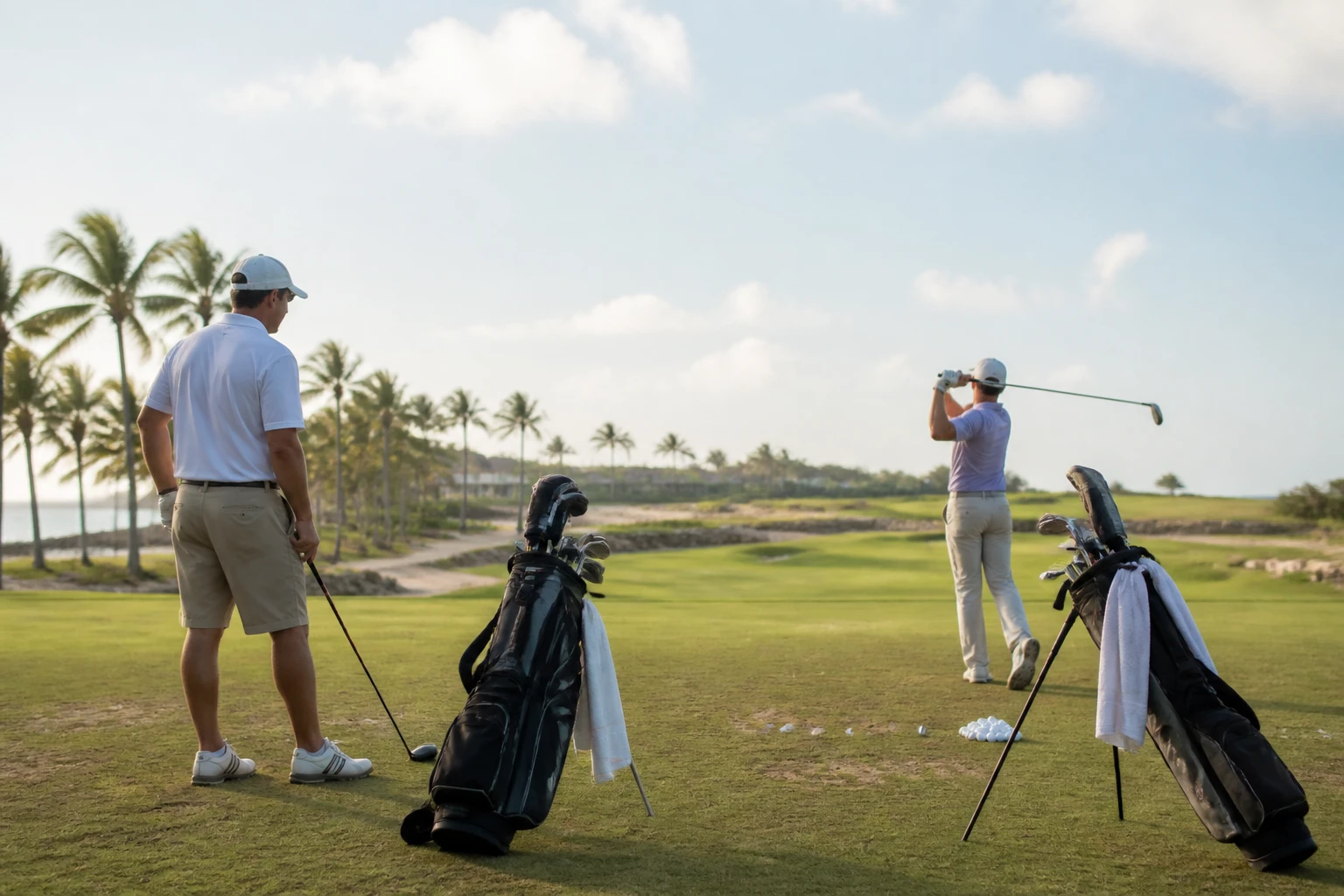 Golfers preparing for a round at a tropical golf course