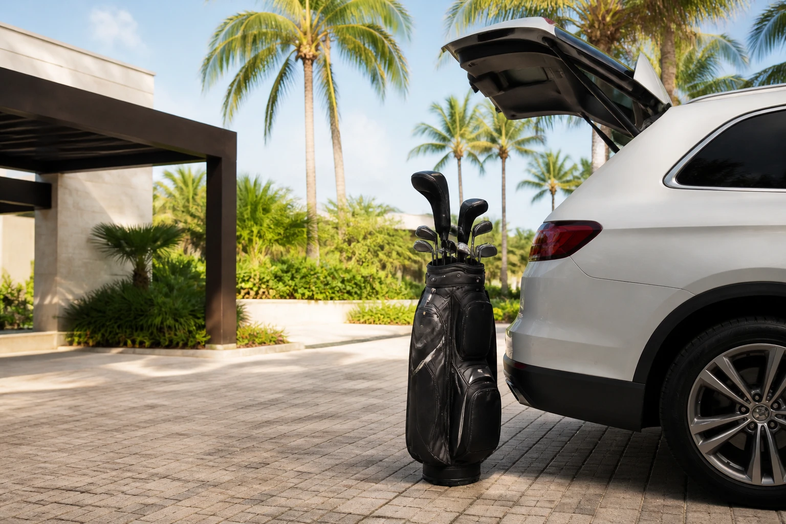 Golf bag ready for pre-arranged transport to a Cap Cana course