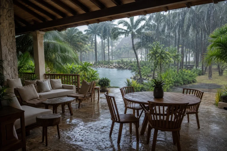 Tropical rain seen from a covered resort terrace in Punta Cana