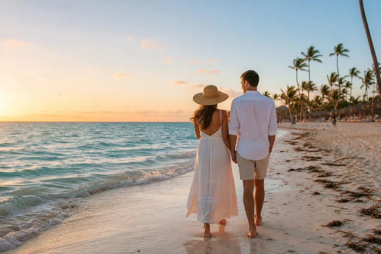 Couple walking along a white-sand beach in Punta Cana
