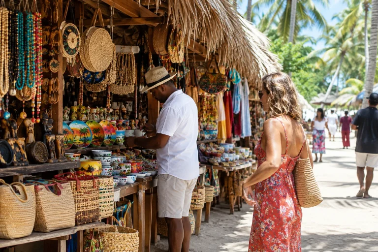 Travelers browsing souvenirs at an open-air shopping stall in Punta Cana.