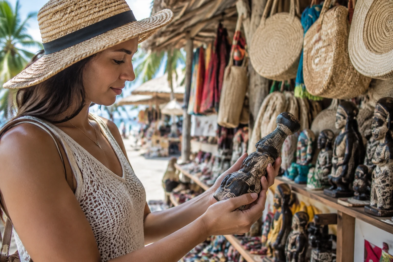 Shopper inspecting the workmanship of a handcrafted souvenir in Punta Cana.