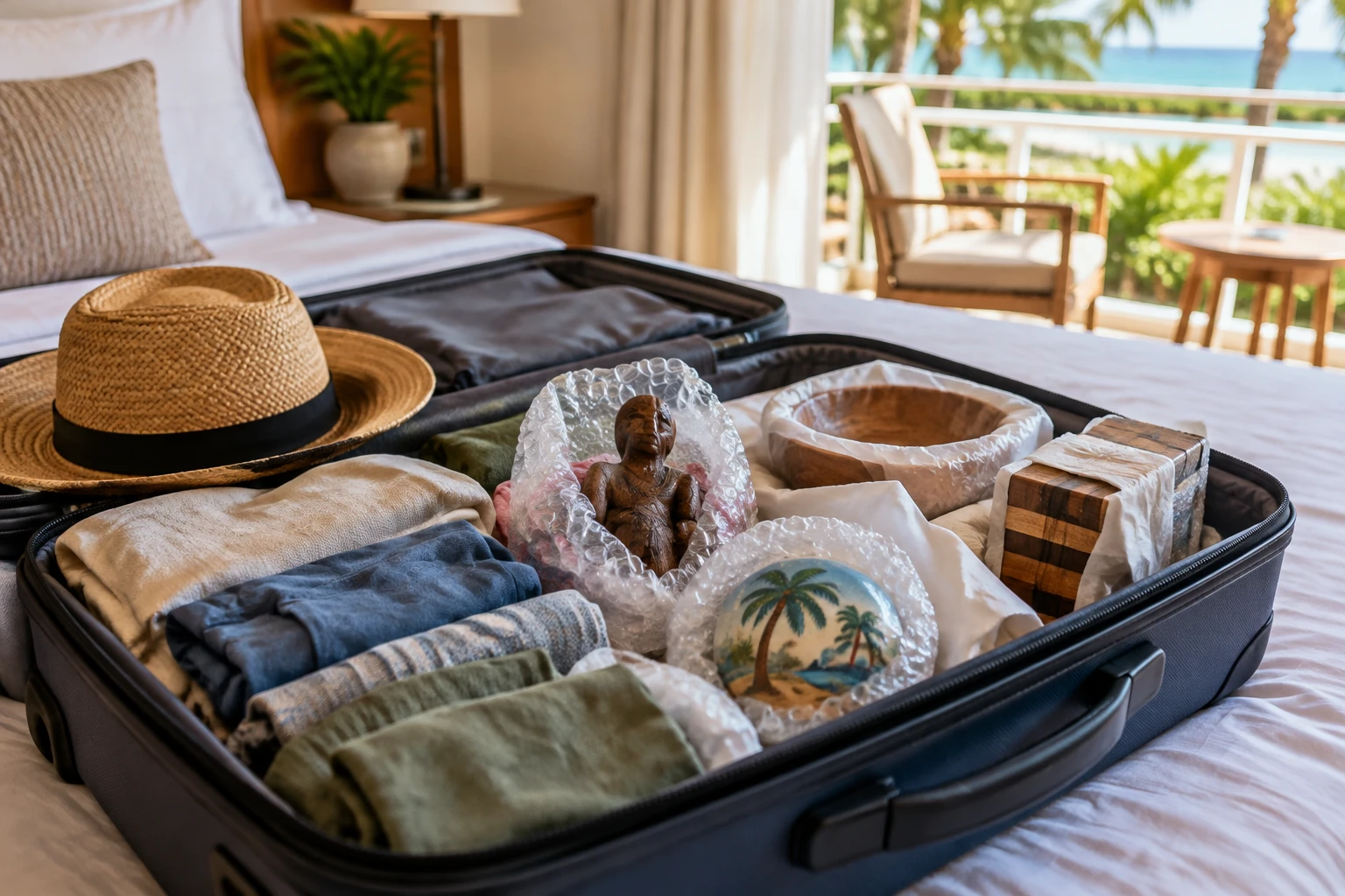 Carefully packed souvenirs in an open suitcase.